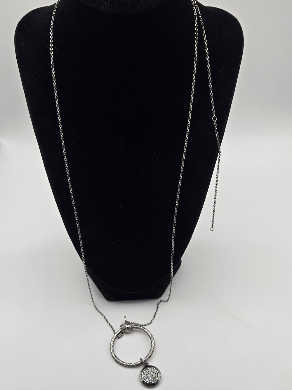 Pandora Sterling Silver Necklace With "O"   Pendant And Retired Charm